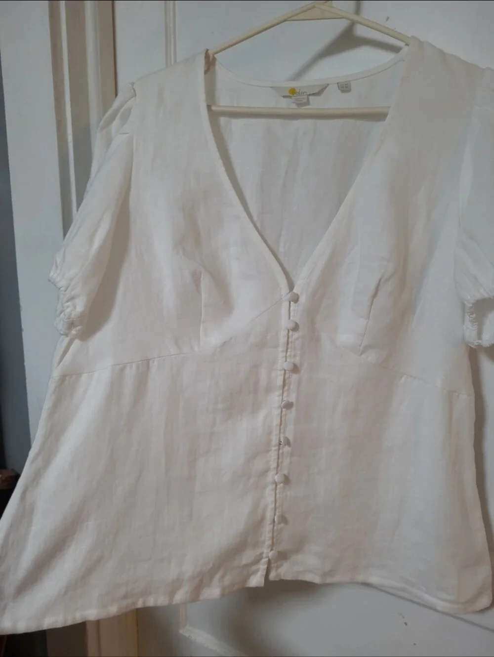 Boden Linen White Puff Sleeve Button-Front Blouse 12 LARGE